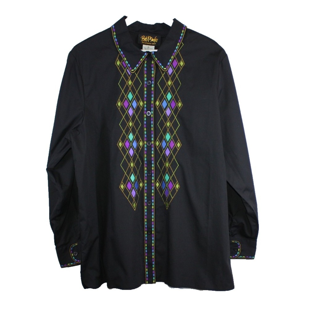 Bob Mackie Vintage Embroidered button Up Shirt Size XL Black Art to Wear Argyle